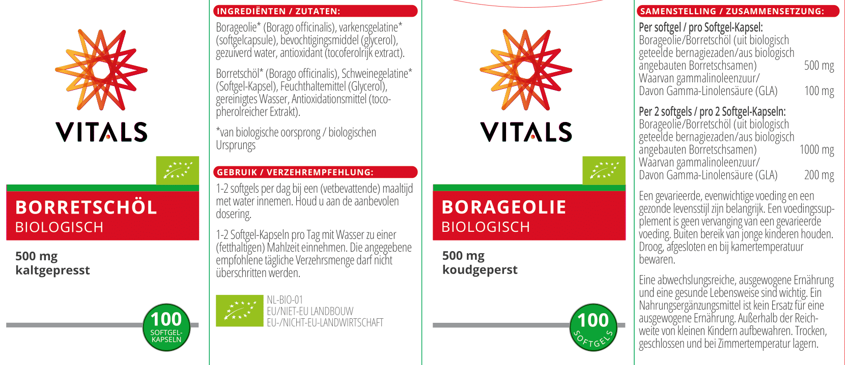 uit bernagiezaden van biologische oorsprong rijk aan gammalinoleenzuur (GLA) koudgeperst zonder chemische middelen