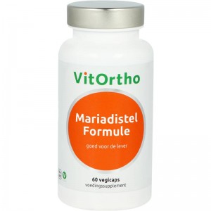 Vitortho Mariadistel formule - Kruidenpreparaat Geschikt voor vegetariërs en veganisten. - Mariadistel ondersteunt de reinigende werking van de lever* (EFSA-ID 3585). - Choline draagt bij tot de instandhouding van de normale leverfunctie. *: gezondheidsclaim in afwachting van Europese toekenning. Samenstelling per dagdosering (2 vegicaps): Mariadistel (Silybum marianum) (vrucht en zaad) extract (gestandaardiseerd op 80% silymarine) 300 mg Choline (bitartraat) 100 mg Alfa-liponzuur 100 mg Paardenbloem (Taraxacum officinale) (wortel) extract 100 mg Artisjok (Cynara scolymus) (blad) extract 50 mg Curcumine C3 Complex (Curcuma longa wortelextract) (gestandaardiseerd op 95% curcuminoïden) 50 mg Guldenroede (Solidago virgaurea) 30:1 extract 50 mg Ingredienten Mariadistel, Capsulewand (Hydroxypropylmethylcellulose), Choline, Vulstoffen (Microkristallijne cellulose, Gefermenteerde leucine), Alfa-liponzuur, Paardenbloem, Artisjok, Curcuma, Guldenroede, Antiklontermiddel, Siliciumdioxide. Gebruik 1 maal daags 2 vegicaps. Bij voorkeur tijdens het eten innemen. Koel (maar niet in de koelkast) en droog bewaren. Fabrikant VitOrtho BV Laan van Waalhaven 323 2497 GL Den Haag Dit product is een voedingssupplement. Aanbevolen dosering niet overschrijden. Een gevarieerde, evenwichtige voeding en een gezonde levensstijl zijn belangrijk. Een voedingssupplement is geen vervanging van een gevarieerde voeding. Buiten bereik van jonge kinderen houden. Droog, afgesloten en bij kamertemperatuur bewaren, tenzij anders geadviseerd op het etiket. Raadpleeg een deskundige alvorens supplementen te gebruiken in geval van zwangerschap, lactatie, medicijngebruik en ziekte